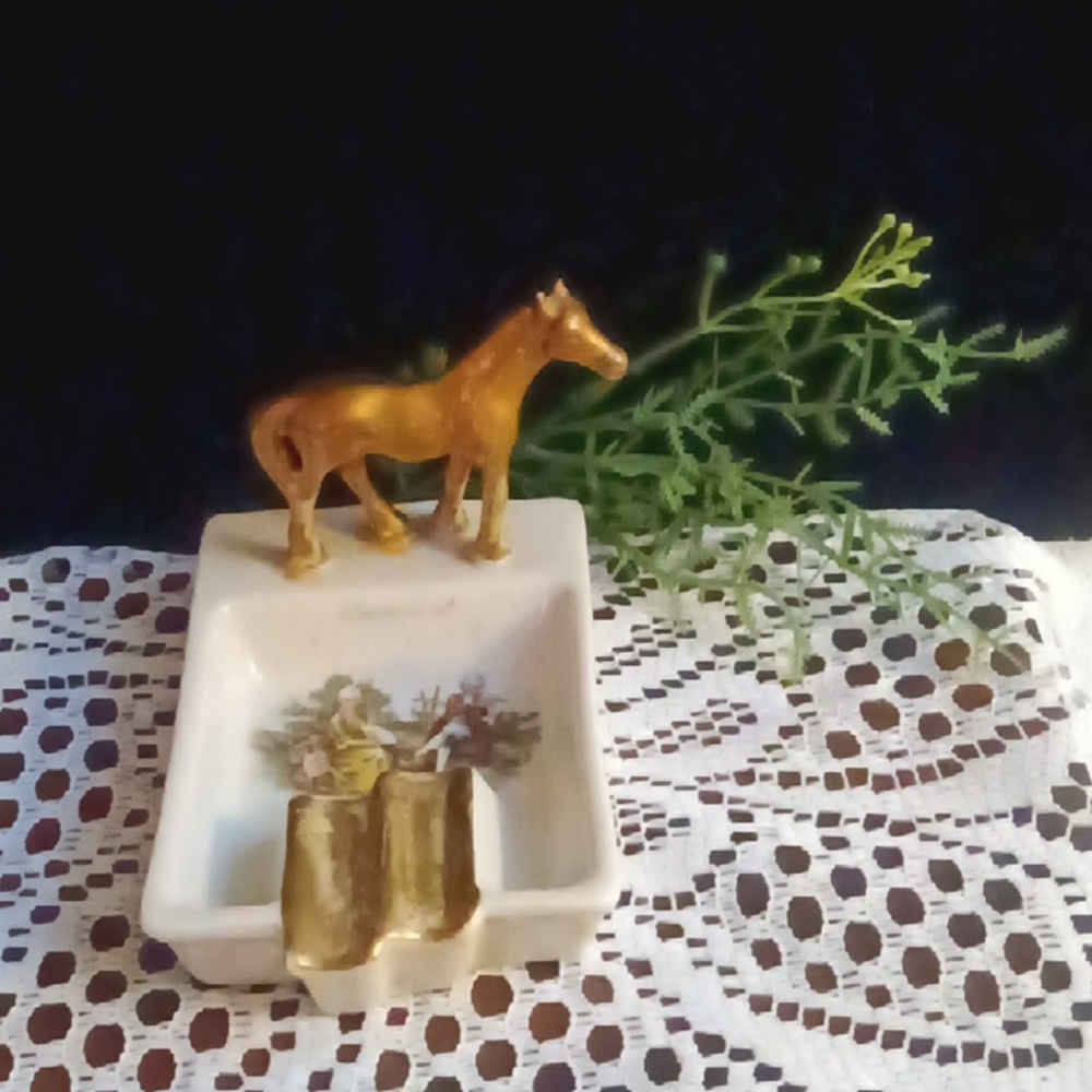 Vintage MCM Porcelain 22K Gold Horse Ashtray